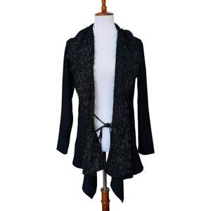 Simon Chang Black Eyelash Trim Ribbed Open Cardigan Jacket Tie Waist Size 4